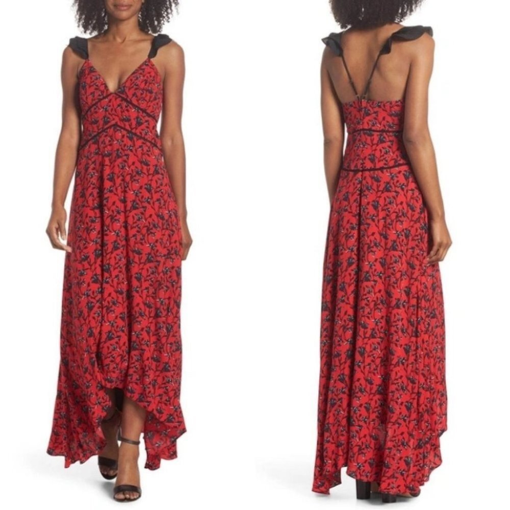 NEW Adelyn Rae Isabel Floral Maxi Dress Size XS Black Red Nordstrom Ruffle‎ Boho